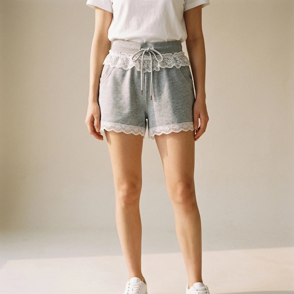 Gray Lace Trim Sports Shorts High Waisted Drawstring Loose Fit Cotton Blend Casual Summer — lifestyle