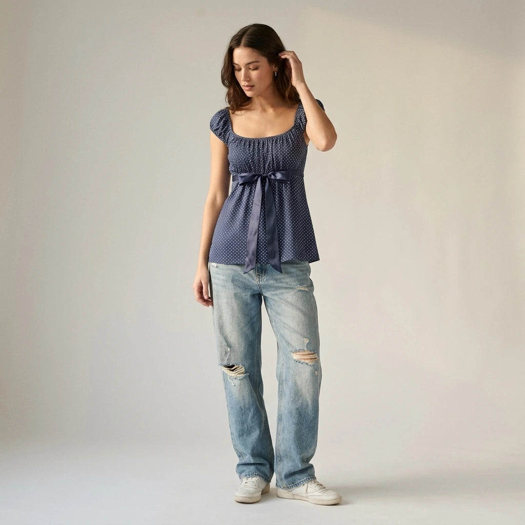 Women Summer Fairy Grunge Y2k Babydoll Shirts Cap Sleeve Micro Polka Dot Tie Back Flowy Slim T-shirts Tops Preppy Clothes — lifestyle