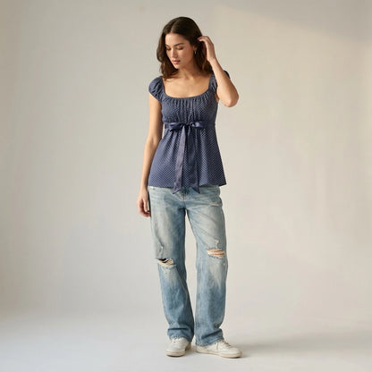 Women Summer Fairy Grunge Y2k Babydoll Shirts Cap Sleeve Micro Polka Dot Tie Back Flowy Slim T-shirts Tops Preppy Clothes — lifestyle