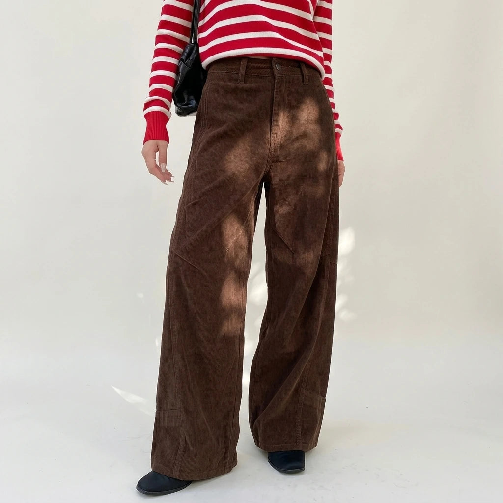 Corduroy Casual Pants for Women, Pleated Design Straight Leg Trousers — lifestyle