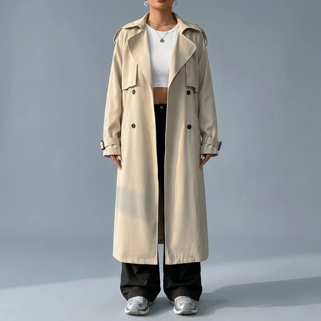Collared Neck Long Sleeve Longline Trench Coat — lifestyle
