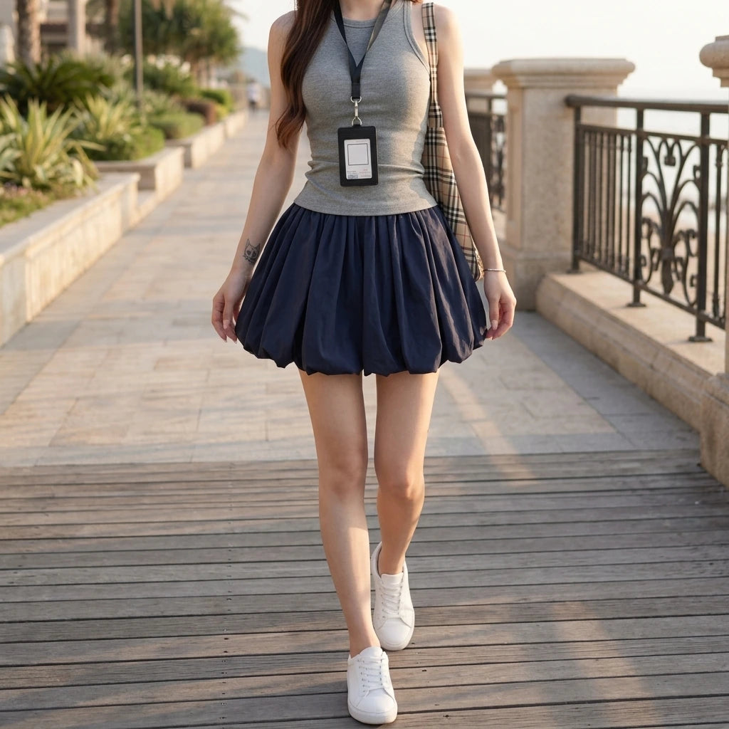 Mint Green Puff Skirt Pants, Paper Bag Hot Pants, Patchwork Polyester, Casual Summer — lifestyle