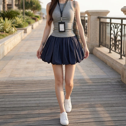 Mint Green Puff Skirt Pants, Paper Bag Hot Pants, Patchwork Polyester, Casual Summer — lifestyle