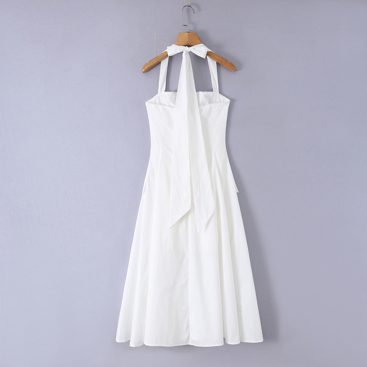 White Vintage Style Mid Length Dress, Strapless Button Up Sleeveless Elegant A-Line Summer Polyester