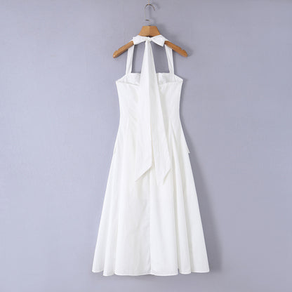 White Vintage Style Mid Length Dress, Strapless Button Up Sleeveless Elegant A-Line Summer Polyester