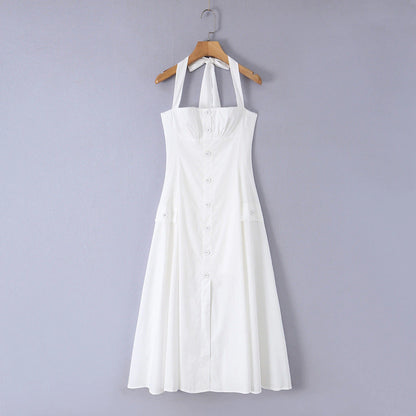 Vintage style neck button up mid length dress — variant_front