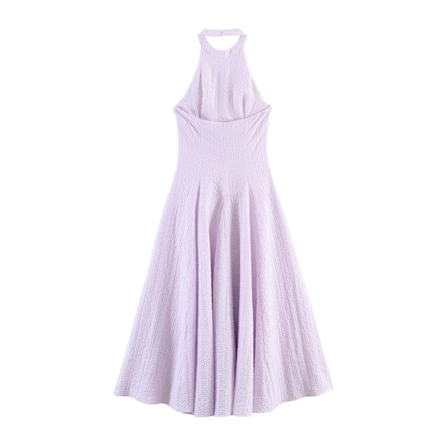 Plaid Long Summer Dress, Hanging Neck Sleeveless Maxi, Elastic Patchwork Casual Style, Polyester