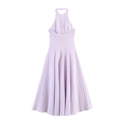Plaid Long Summer Dress, Hanging Neck Sleeveless Maxi, Elastic Patchwork Casual Style, Polyester