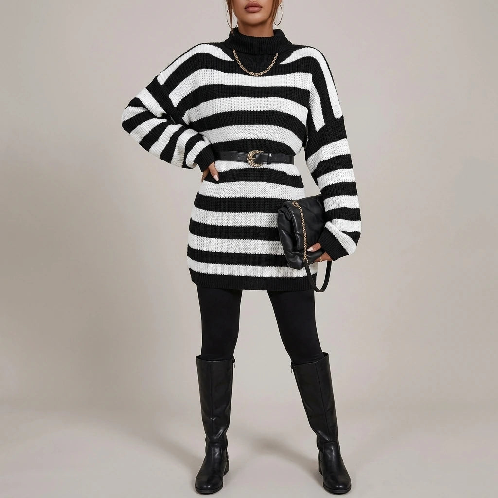 Autumn And Winter Women's Striped Sweater Casual Long-Sleeved Half Turtleneck Loose Sweater Women — variant_front