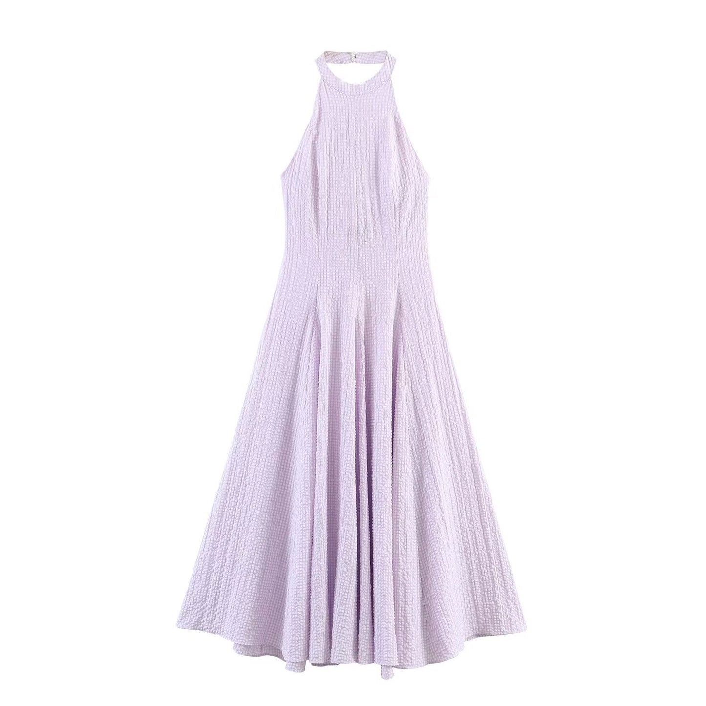 Plaid Long Summer Dress, Hanging Neck Sleeveless Maxi, Elastic Patchwork Casual Style, Polyester