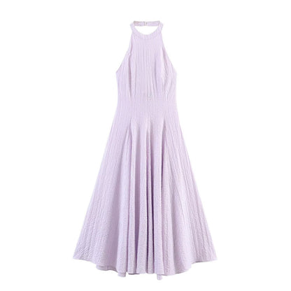 Plaid Long Summer Dress, Hanging Neck Sleeveless Maxi, Elastic Patchwork Casual Style, Polyester