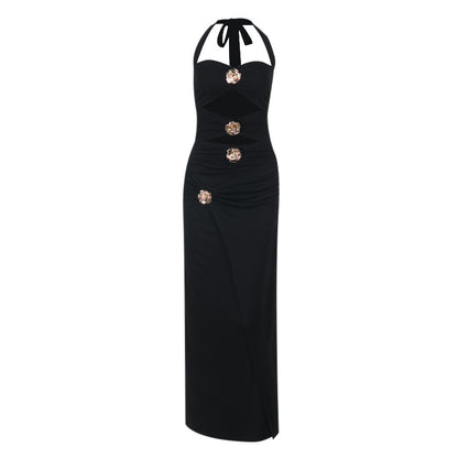 Black Rose Metal Buckle Midi Dress V-Neck Sleeveless High Waist Rib Knit Elegant Summer Party Outfit