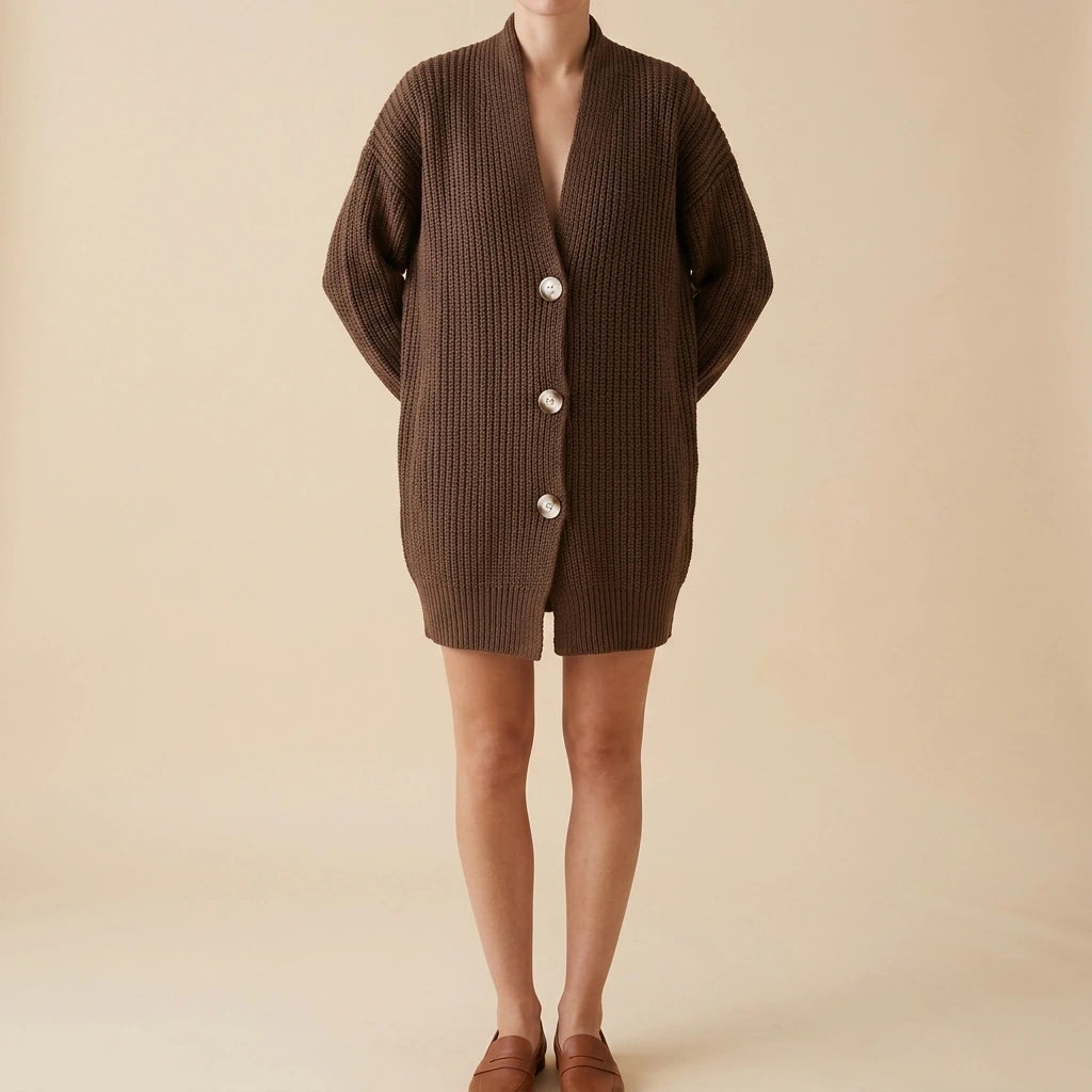 Brown Chunky Knit Lapel Collar Button up Cardigan — lifestyle