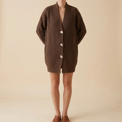 Brown Chunky Knit Lapel Collar Button up Cardigan — lifestyle