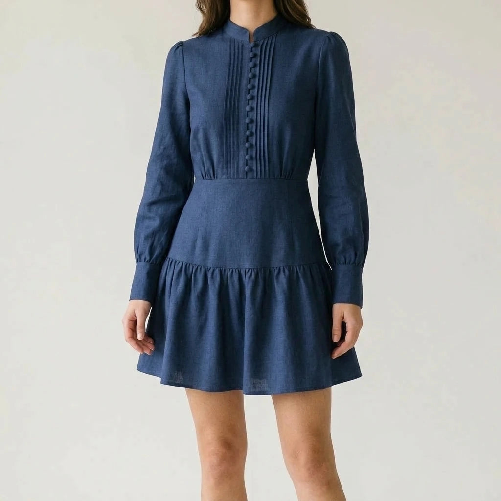 Blue Pleated Skater Mini Dress Women's Casual A-Line Daily Wear Mandarin Collar Long Bishop Sleeve Natural Waist Solid Polyester Autumn Winter — lifestyle_lead