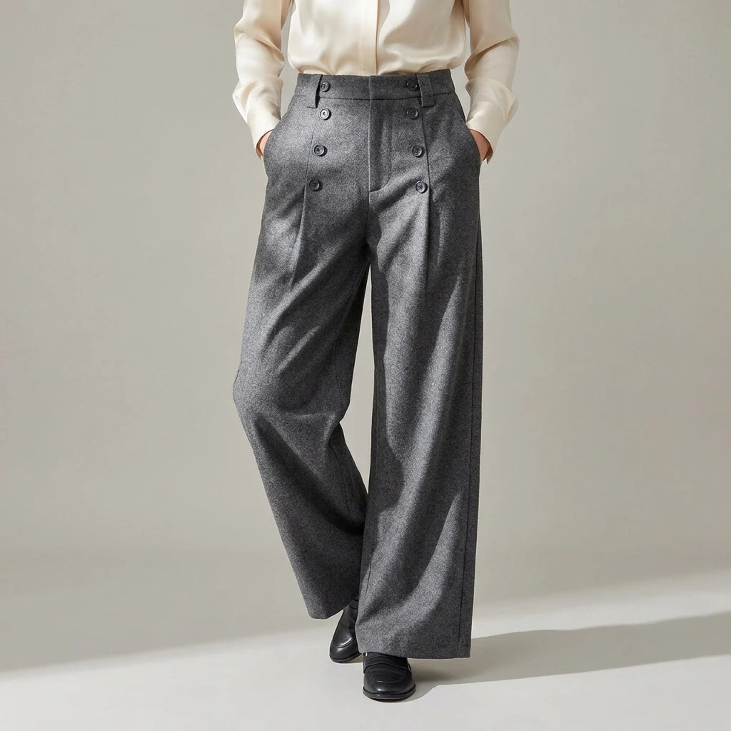 Fluid Trousers with Vertical Button Design, Loose Wide-Leg Tailored Fit, Pleated Straight Leg Pants — lifestyle