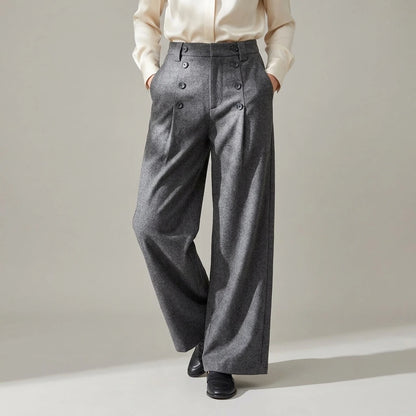 Fluid Trousers with Vertical Button Design, Loose Wide-Leg Tailored Fit, Pleated Straight Leg Pants — lifestyle