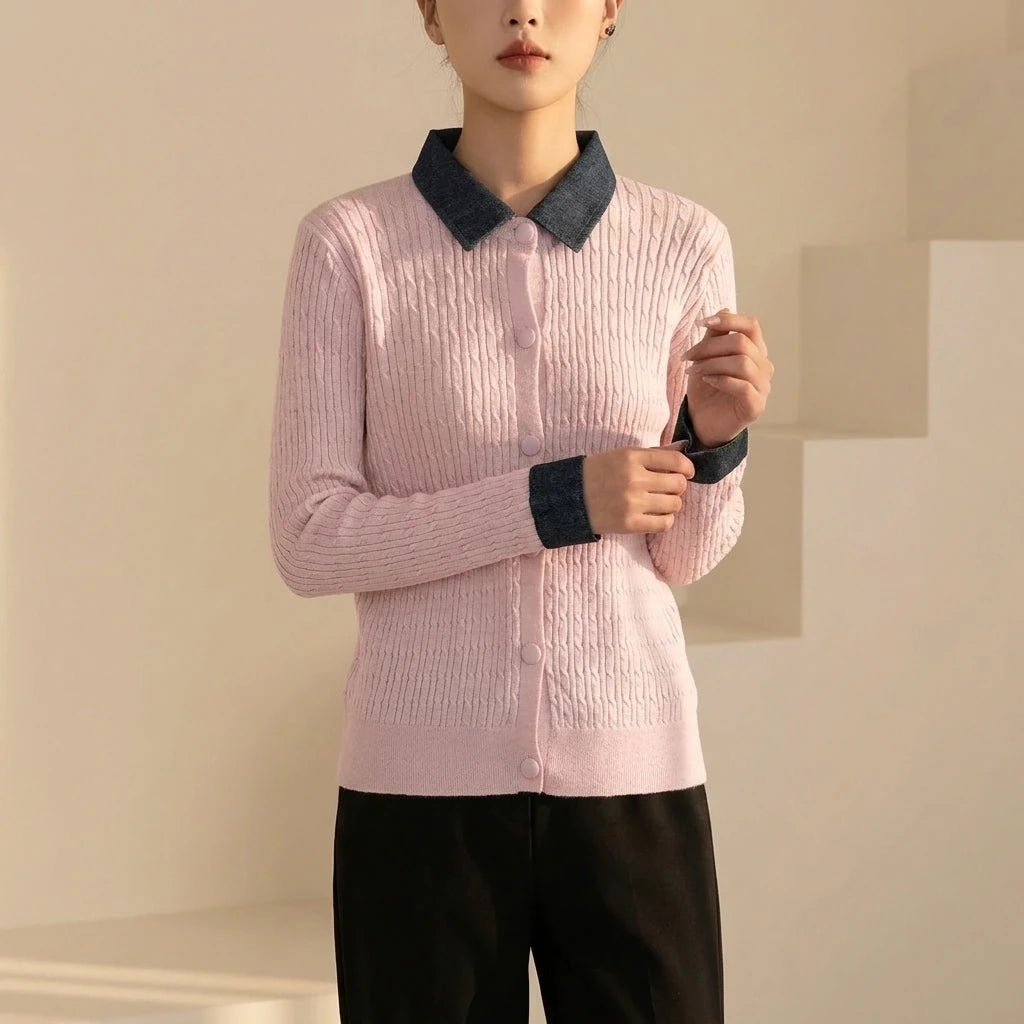 Chunky Knit Color-block Polo Neck Sweater for WomenLoose Fit Slimming Design Autumn/Winter Outwear — variant_front