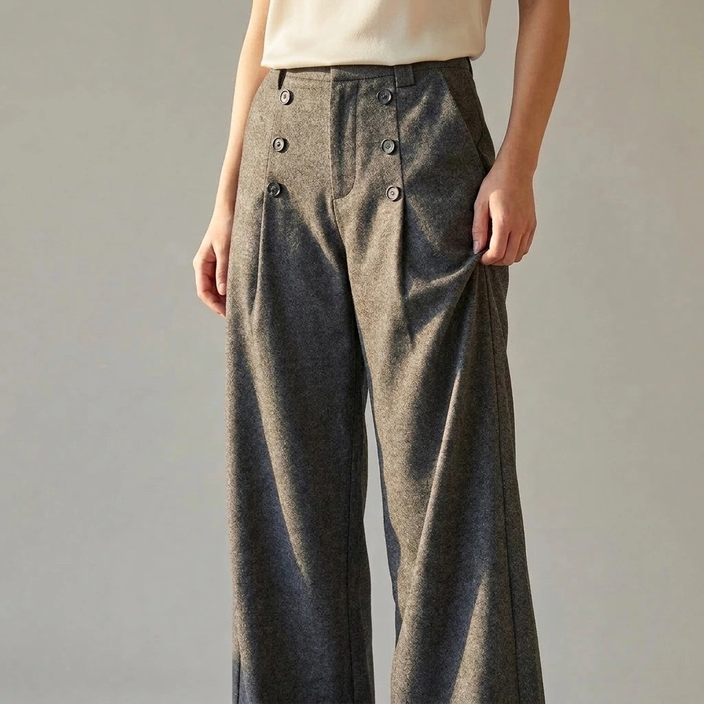 Fluid Trousers with Vertical Button Design, Loose Wide-Leg Tailored Fit, Pleated Straight Leg Pants — lifestyle
