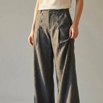 Fluid Trousers with Vertical Button Design, Loose Wide-Leg Tailored Fit, Pleated Straight Leg Pants — lifestyle