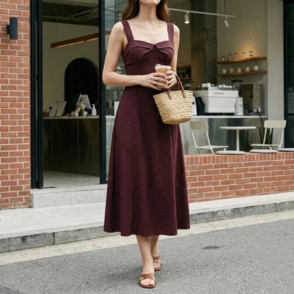Elegant Wine Red Slip Midi Dress Women’s A-Line Sleeveless Natural Waist Daily Wear Summer Spring Geometric Polyester — lifestyle