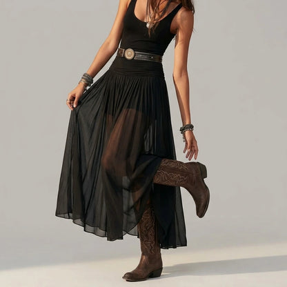Summer New Black Strap Long Dress for Women, Mesh Dress with Belt — lifestyle