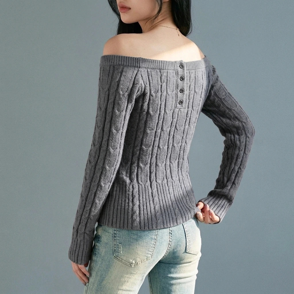 Chunky Knit Off-Shoulder Grey Sweater Top for Women, Long Sleeve, Short Length — variant_front