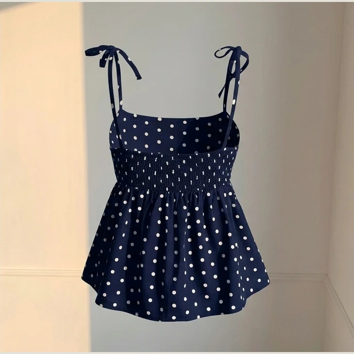Women's Polka Dot Crop Cami With Spaghetti Straps And Flared Hem Polka Dot Camisole Babydoll Top Babydoll Tops Polkadot Top Cute — product_only_back