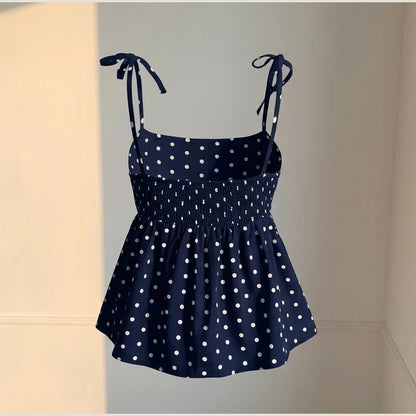 Women's Polka Dot Crop Cami With Spaghetti Straps And Flared Hem Polka Dot Camisole Babydoll Top Babydoll Tops Polkadot Top Cute — product_only_back