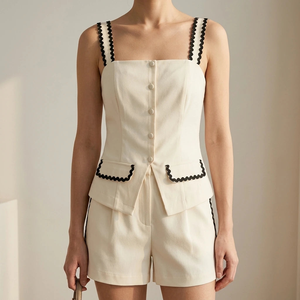 Beige Contrasting Pocket Cami Top Women's Sleeveless Square Neck Hip-Length Button Detail Office Workwear Summer Spring Polyester Spandex — lifestyle