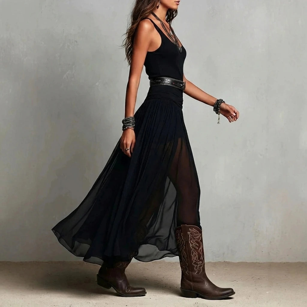 Summer New Black Strap Long Dress for Women, Mesh Dress with Belt — lifestyle