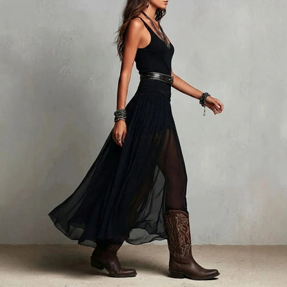 Summer New Black Strap Long Dress for Women, Mesh Dress with Belt — lifestyle
