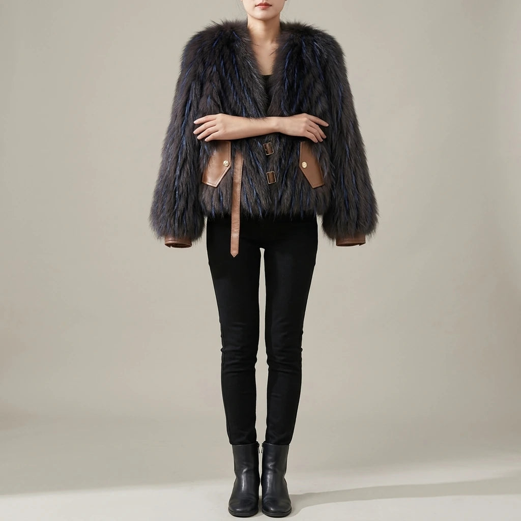 Raccoon fur grass coat, woven with car stripes, women's short jacket, Haining autumn and winter new small fresh and stylish, age reducing — lifestyle