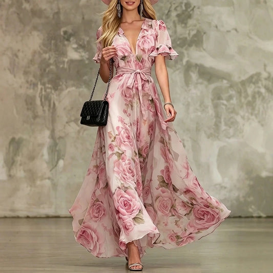 Pink Printed Maxi Dress, Deep V-Neck Ruffle Sleeve, High Waist, Effortless Summer Style — lifestyle_lead