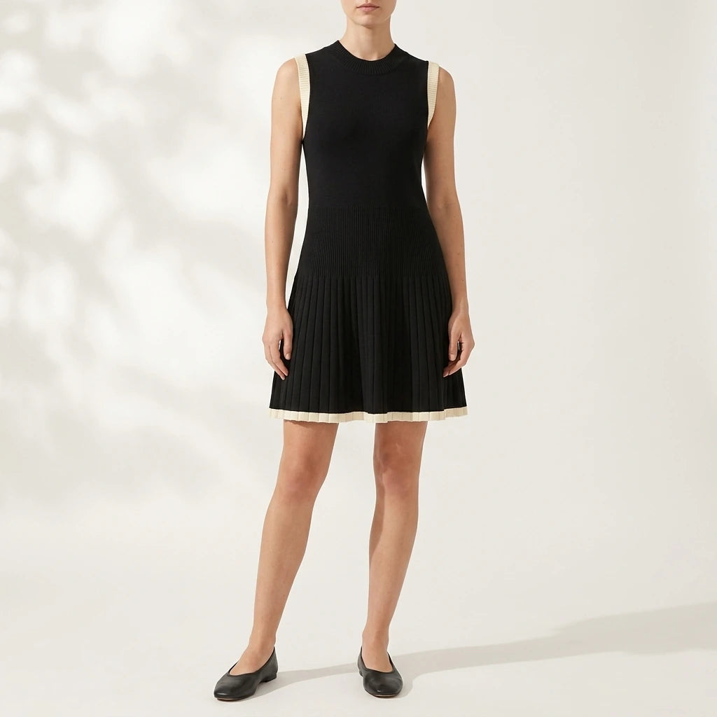 Knitted mini dress fashionable round neck pleated A-line dress — lifestyle