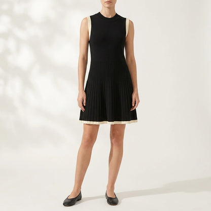 Knitted mini dress fashionable round neck pleated A-line dress — lifestyle