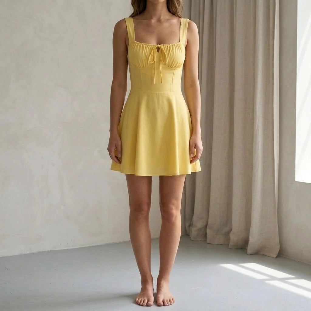 Yellow Ruched Mini Skater Dress for Women, Square Neck Sleeveless, A-Line Slip Style, Summer Occasion Cocktail, Polyester, Yellow — lifestyle