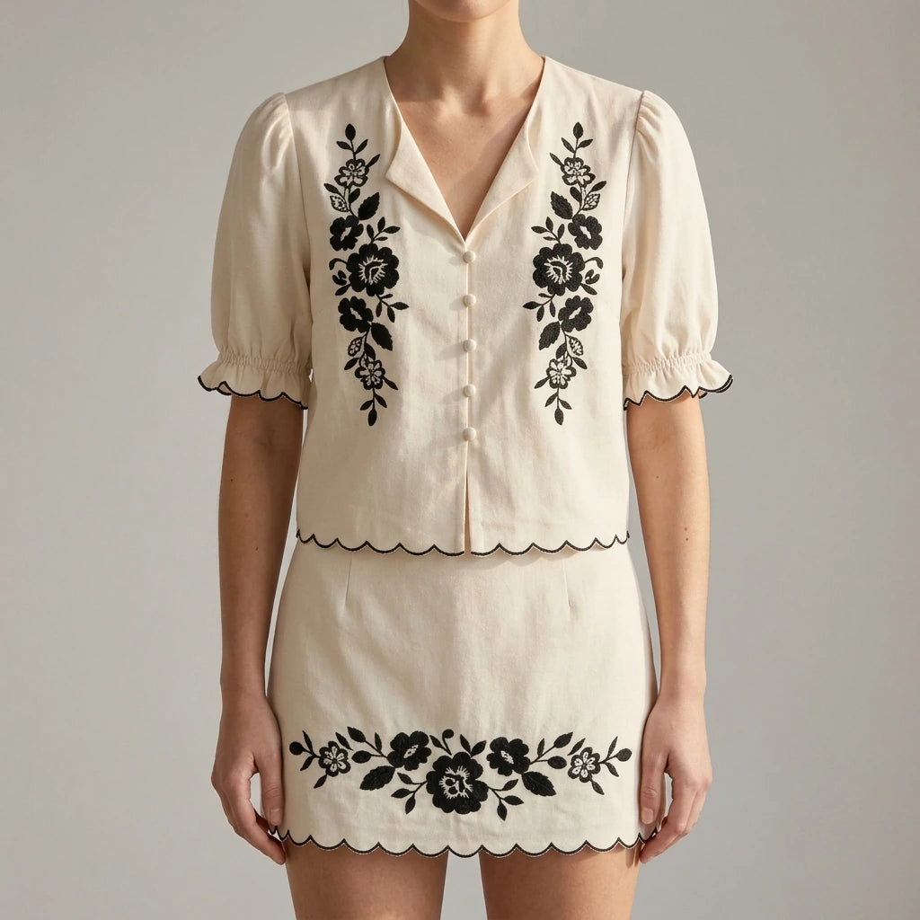 Elegant Floral Embroidery Blouse for Women, Contrasting Puffed Short Sleeve, Daily Wear, Resort, Spring Summer, Beige Polyester, Hip Length — lifestyle