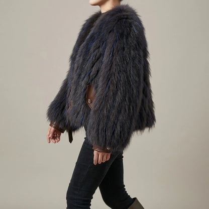 Raccoon fur grass coat, woven with car stripes, women's short jacket, Haining autumn and winter new small fresh and stylish, age reducing — lifestyle_lead