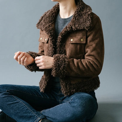 Shearling Coat Women Winter Short Length Faux Fur Collar Thick Warm Jacket Parka — lifestyle