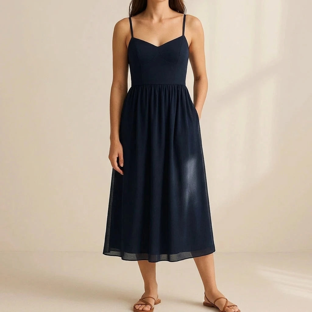 Elegant Flowy Maxi Dress for Women Shirred High Waist Sleeveless Slip Mesh A-Line Summer Occasion Daily Wear Blue Polyester — lifestyle