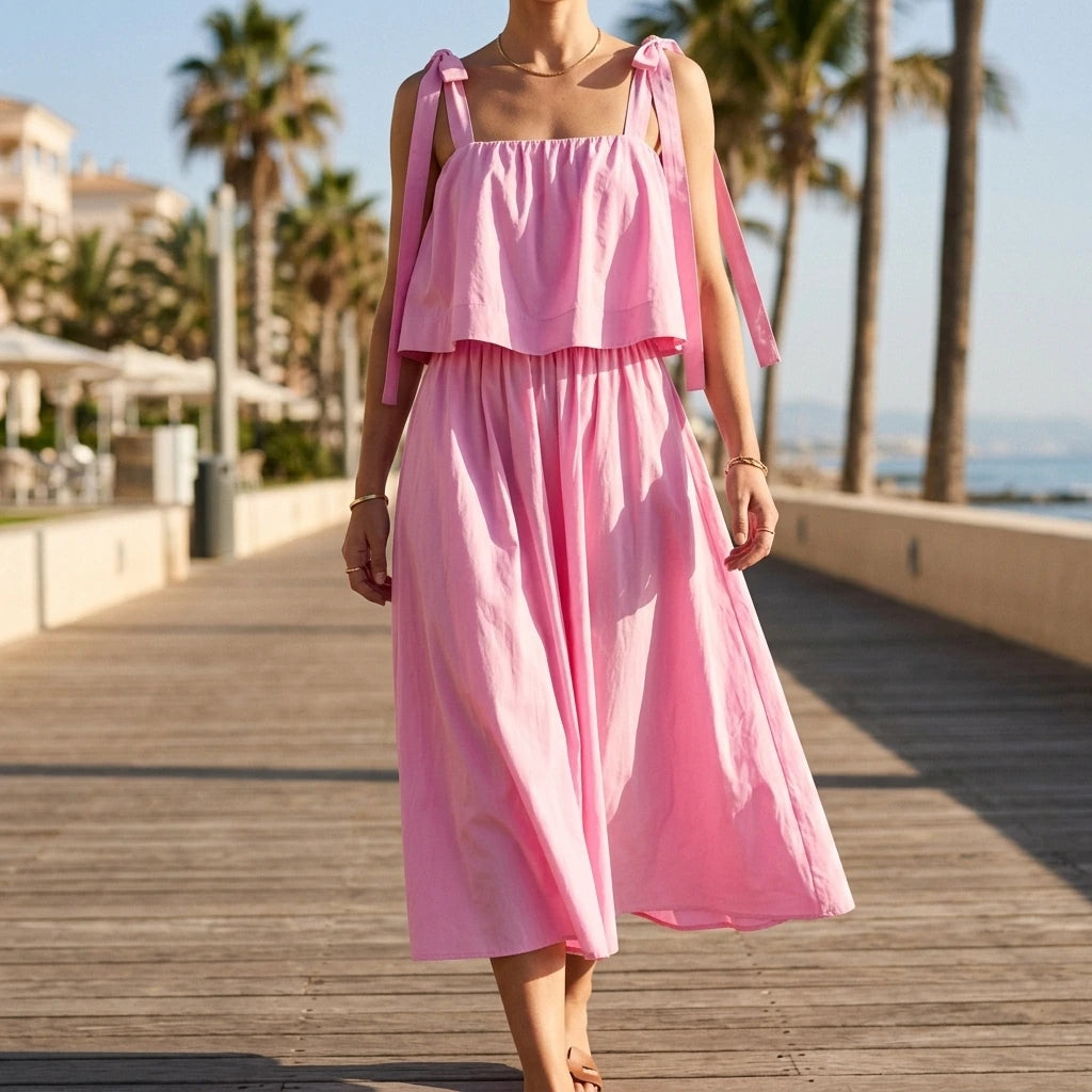 Pink Midi Dress Camisole Slip Dress Sleeveless Bow Detail Elastic Polyester Sweet Summer — lifestyle_lead