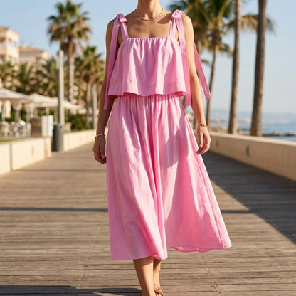 Pink Midi Dress Camisole Slip Dress Sleeveless Bow Detail Elastic Polyester Sweet Summer — lifestyle_lead
