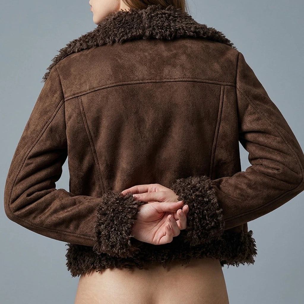 Shearling Coat Women Winter Short Length Faux Fur Collar Thick Warm Jacket Parka — lifestyle_lead