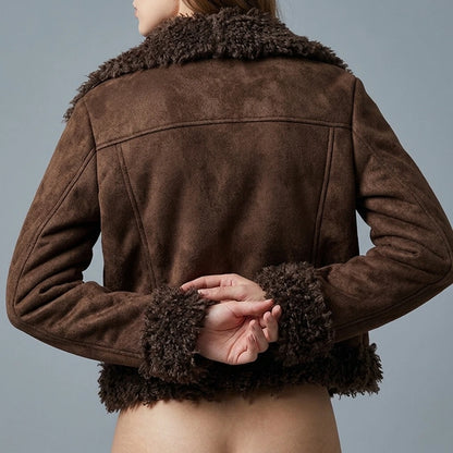 Shearling Coat Women Winter Short Length Faux Fur Collar Thick Warm Jacket Parka — lifestyle_lead