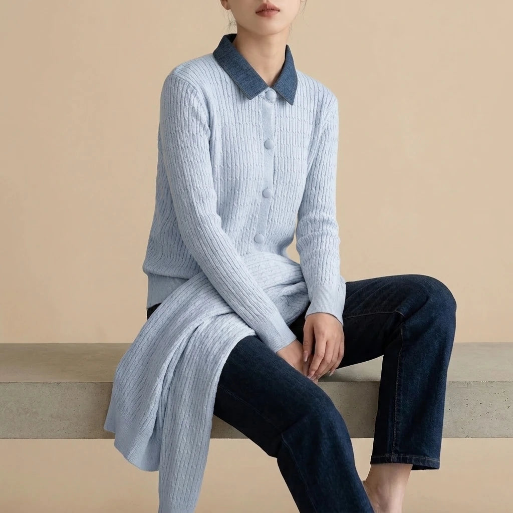 Chunky Knit Color-block Polo Neck Sweater for WomenLoose Fit Slimming Design Autumn/Winter Outwear — variant_front