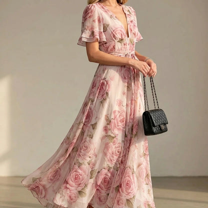 Pink Printed Maxi Dress, Deep V-Neck Ruffle Sleeve, High Waist, Effortless Summer Style — lifestyle