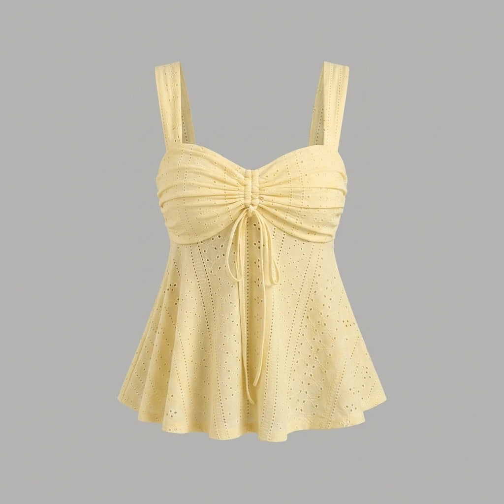 Women White Eyelet Lace Cami Top Casual Ruched Tie Front Peplum Camisole Top — variant_front