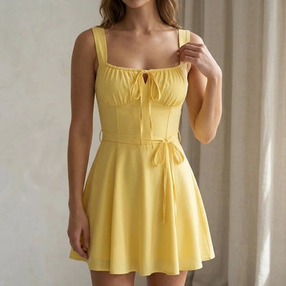 Yellow Ruched Mini Skater Dress for Women, Square Neck Sleeveless, A-Line Slip Style, Summer Occasion Cocktail, Polyester, Yellow — lifestyle_lead