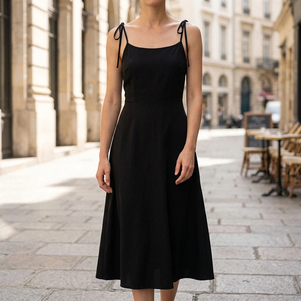 Black French Bow Flute Midi Dress, V-Neck Strapless, Sleeveless High Waist, Elegant Summer Polyester — lifestyle